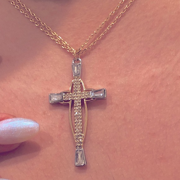 Cross Necklace Yellow White Gold Overlay - Picture 8 of 9